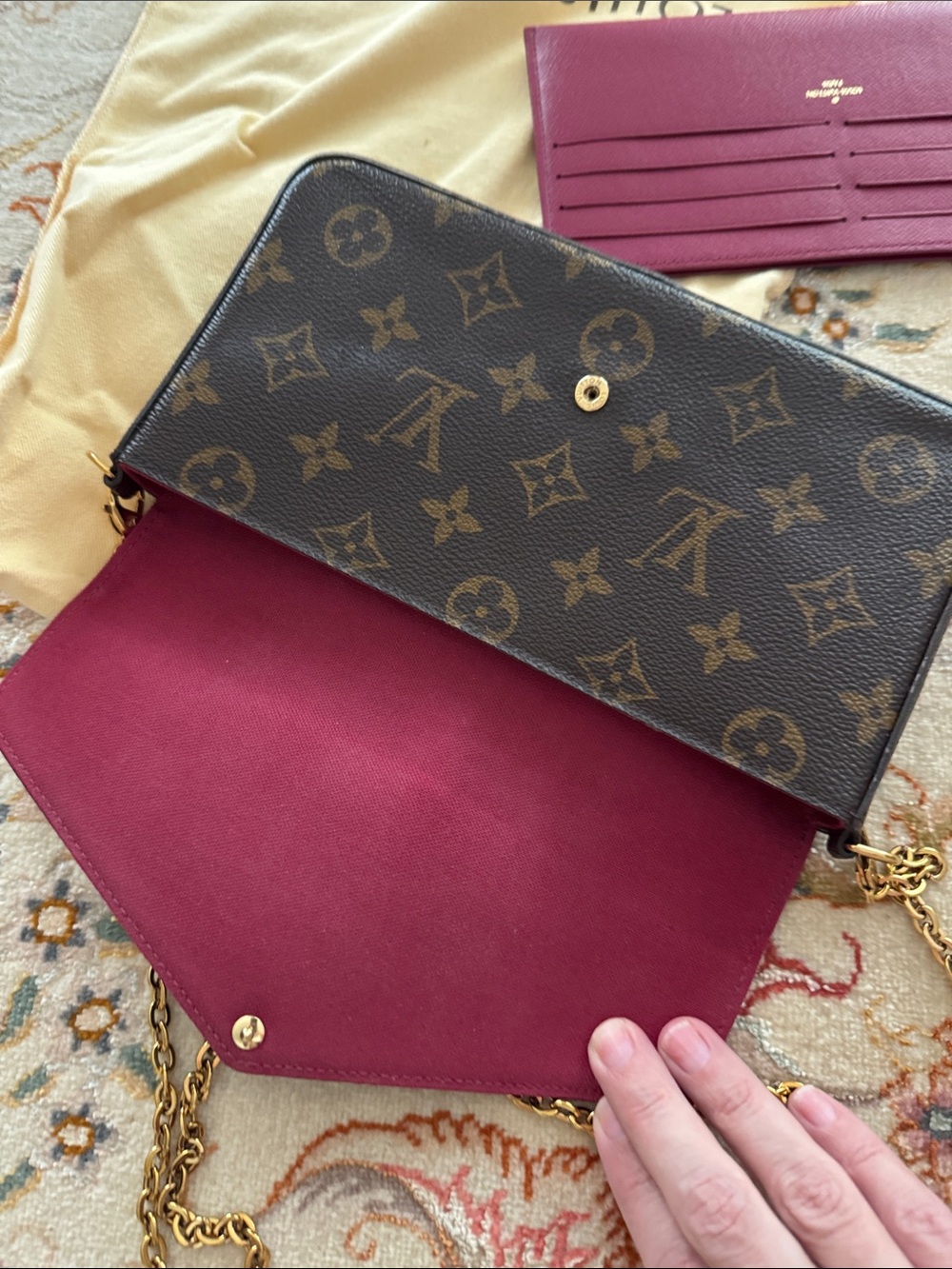 Louis Vuitton Brown Monogram Crossbody Wallet with Gold Chain and Pink Insert - Picture 2 of 5